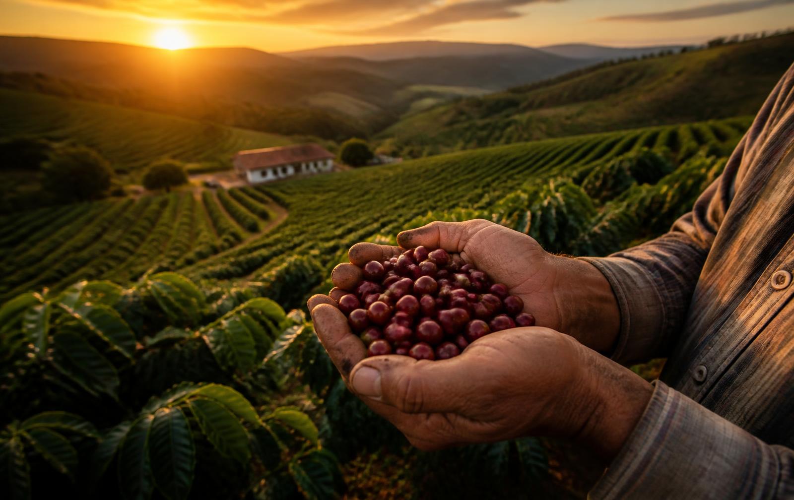 Frutos maduros em lavoura de café — a colheita abre uma nova etapa na preservação do potencial construído no campo.