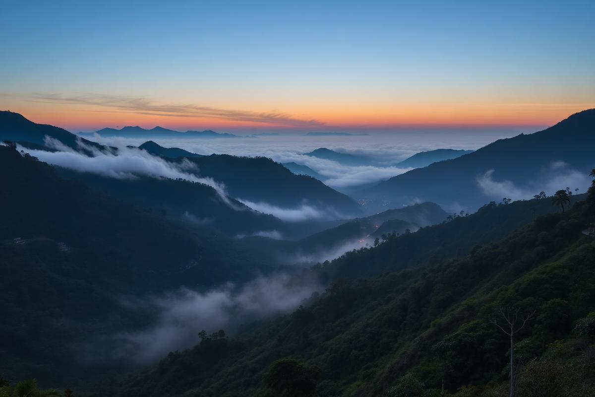 Amanhecer sobre região montanhosa produtora.